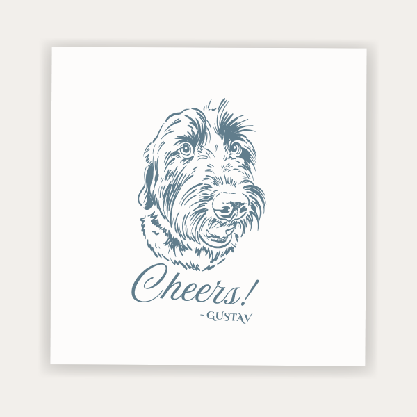 Custom pet portrait cocktail napkin featuring a personalized dog illustration and cheers design