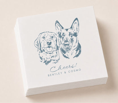 Custom pet portrait wedding napkin featuring multiple dog illustrations with Cheers wording and personalized pet names