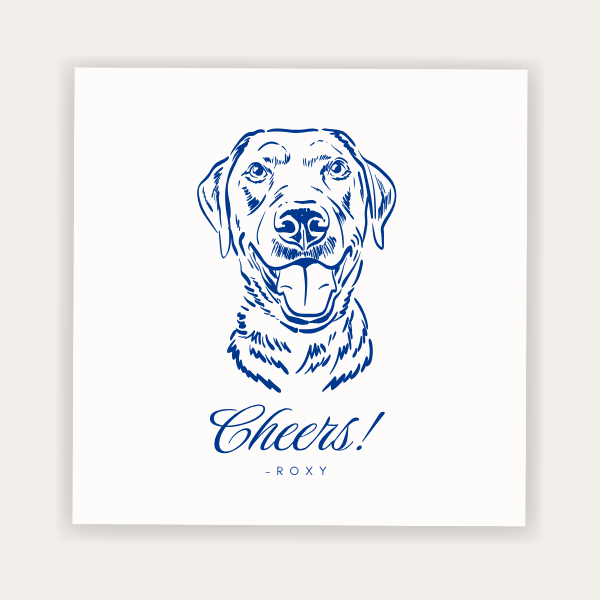 Custom pet portrait wedding napkin featuring a dog illustration with Cheers wording and personalized pet name