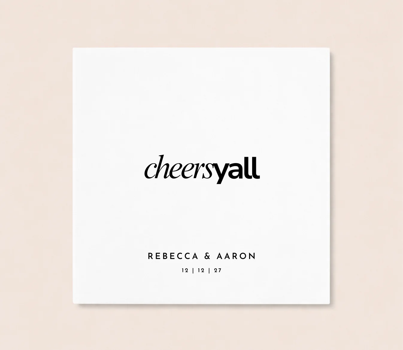 Personalized Cheers Yall wedding cocktail napkin featuring custom names and wedding date in modern southern typography
Custom southern wedding napkin featuring Cheers Yall design and personalized names
Personalized cocktail napkin with Cheers Yall wedding phrase and wedding date