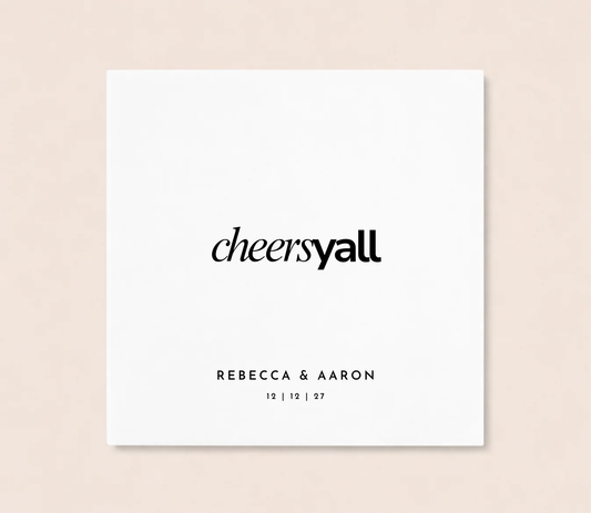 Personalized Cheers Yall wedding cocktail napkin featuring custom names and wedding date in modern southern typography
Custom southern wedding napkin featuring Cheers Yall design and personalized names
Personalized cocktail napkin with Cheers Yall wedding phrase and wedding date