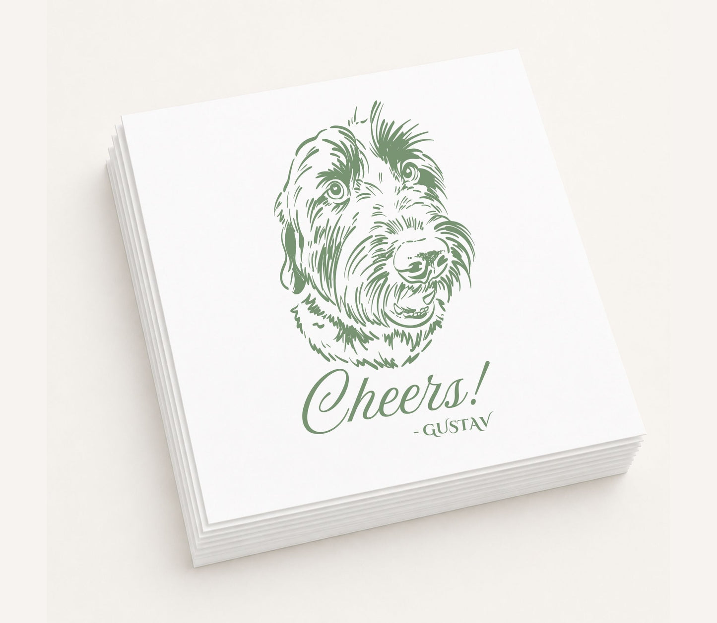 White personalized wedding table napkin featuring a custom illustrated dog portrait, "Cheers!" wording, personalized pet name Gustav, and premium paper construction.
Personalized wedding table napkin with a custom dog portrait and Cheers design.
Custom pet portrait table napkin featuring a personalized dog illustration and premium paper finish.