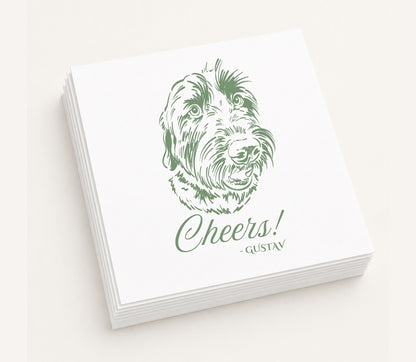 White personalized wedding table napkin featuring a custom illustrated dog portrait, "Cheers!" wording, personalized pet name Gustav, and premium paper construction.
Personalized wedding table napkin with a custom dog portrait and Cheers design.
Custom pet portrait table napkin featuring a personalized dog illustration and premium paper finish.