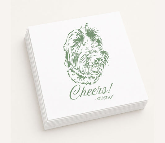 White personalized wedding table napkin featuring a custom illustrated dog portrait, "Cheers!" wording, personalized pet name Gustav, and premium paper construction.
Personalized wedding table napkin with a custom dog portrait and Cheers design.
Custom pet portrait table napkin featuring a personalized dog illustration and premium paper finish.