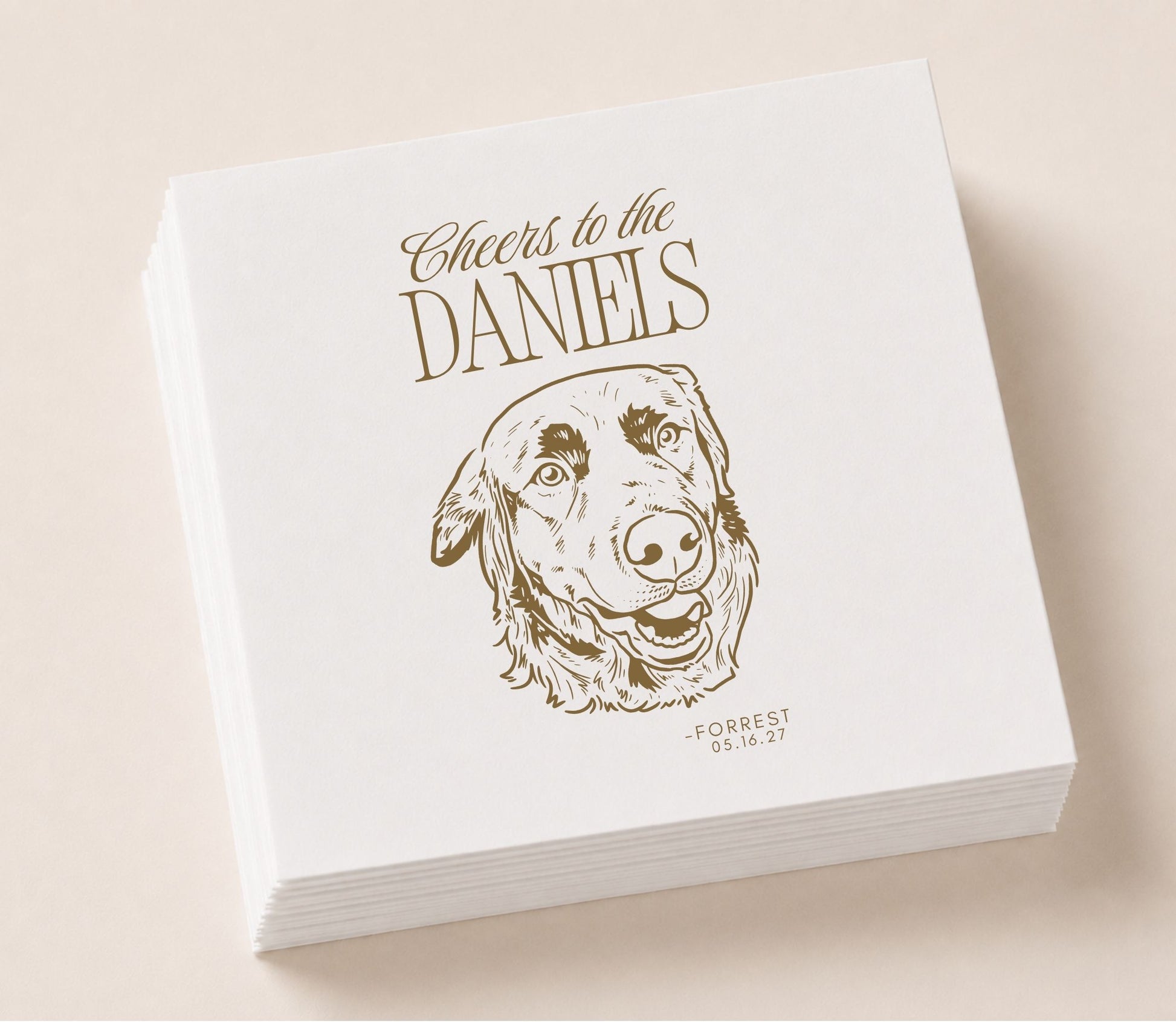 Custom pet portrait wedding napkin featuring a dog illustration, family name, pet name, and wedding date