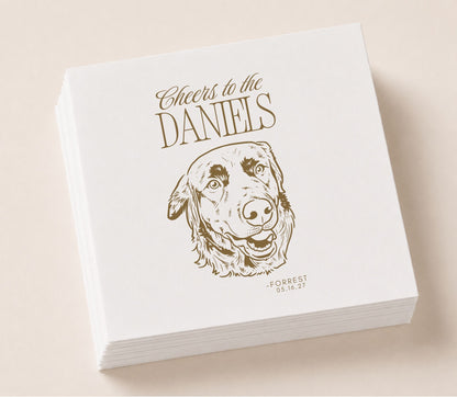 Custom pet portrait wedding napkin featuring a dog illustration, family name, pet name, and wedding date