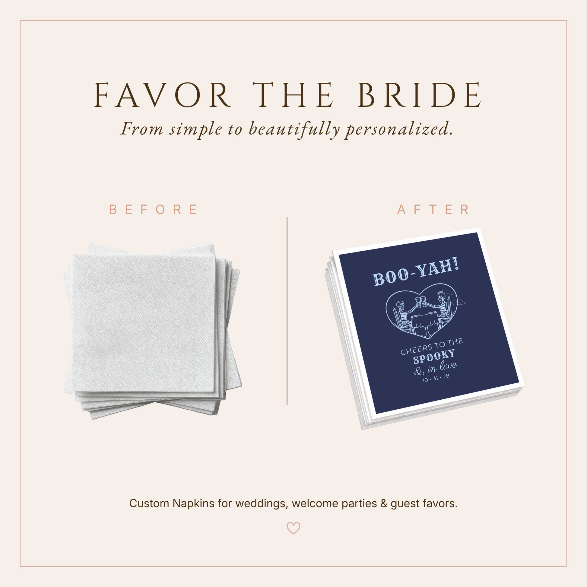 Custom navy spooky wedding napkins featuring a skeleton couple toast.