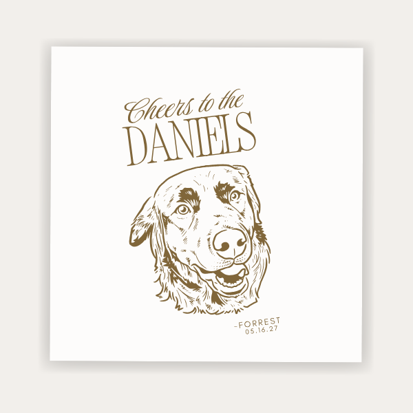 Custom pet portrait wedding napkin featuring a dog illustration, family name, pet name, and wedding date