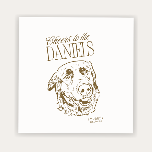 Custom pet portrait wedding napkin featuring a dog illustration, family name, pet name, and wedding date