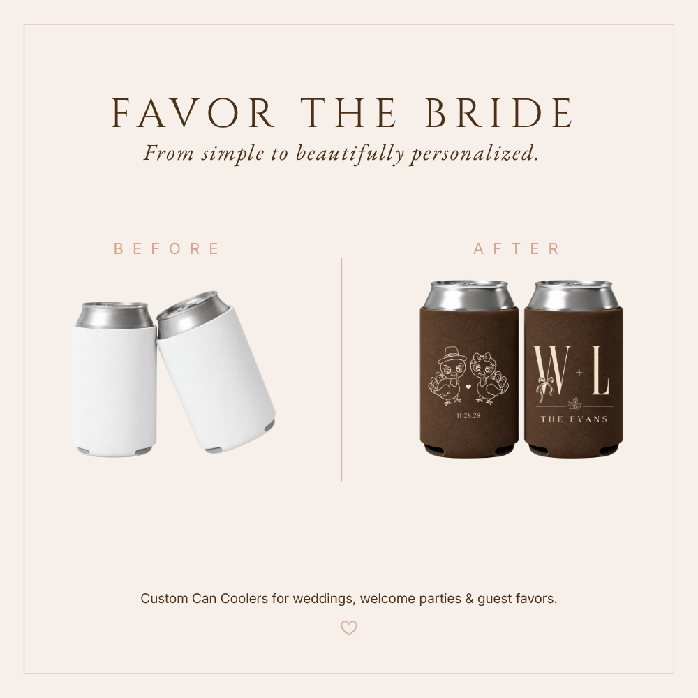Personalized fall wedding drink sleeves with turkey couple illustration and custom wedding date.
