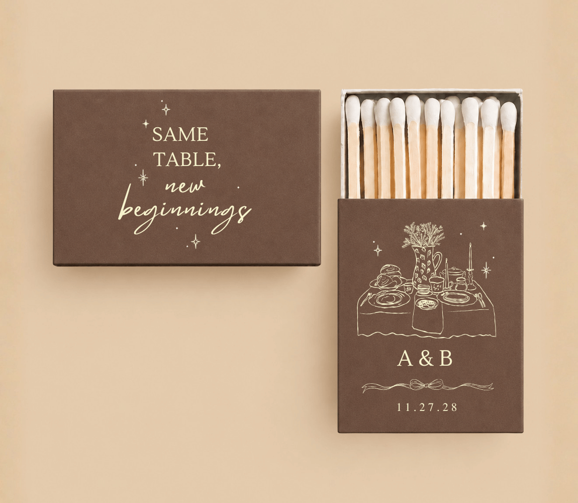Personalized Thanksgiving wedding matchboxes in chocolate brown featuring a Thanksgiving table setting illustration, custom initials, and wedding date.