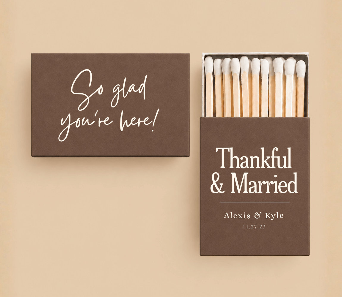 Personalized Thanksgiving wedding matchboxes with “Thankful & Married” wording, custom couple names, wedding date, and chocolate brown design.