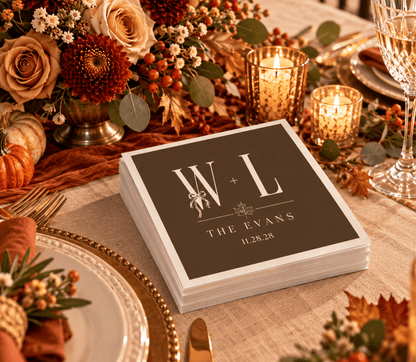 Personalized fall wedding table napkins with oversized couple initials, bow accent, and custom wedding date.