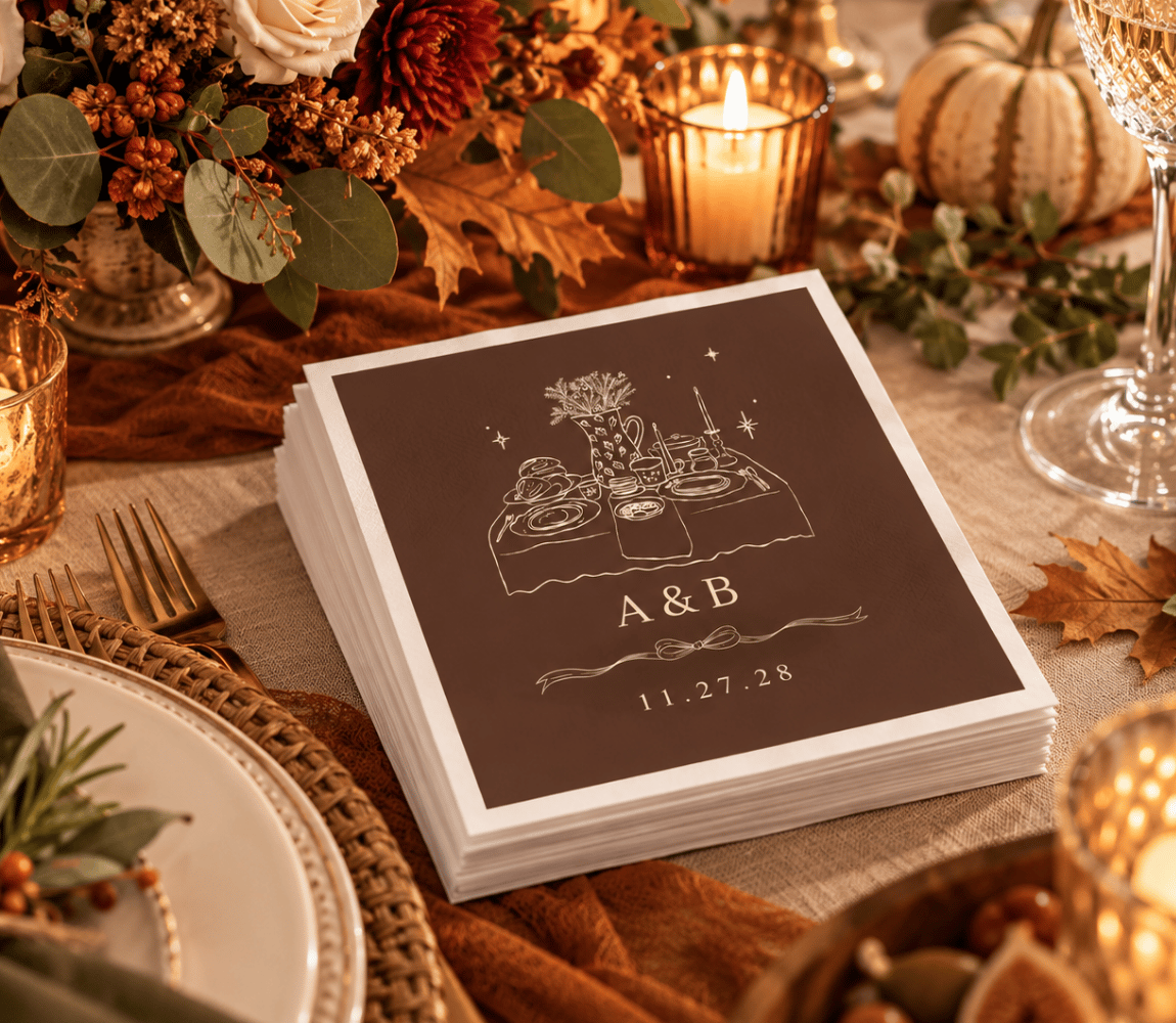 Personalized Thanksgiving wedding napkins with an elegant holiday dinner table illustration and custom couple initials.