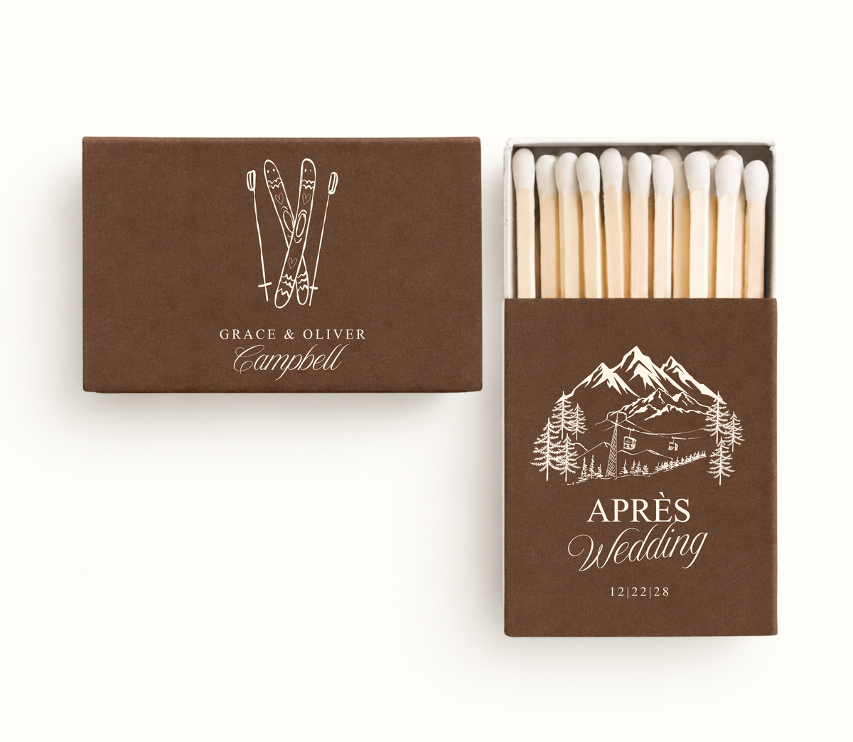 Personalized brown Après wedding matchboxes featuring ivory ski and mountain artwork, Grace and Oliver Campbell names, and wedding date.