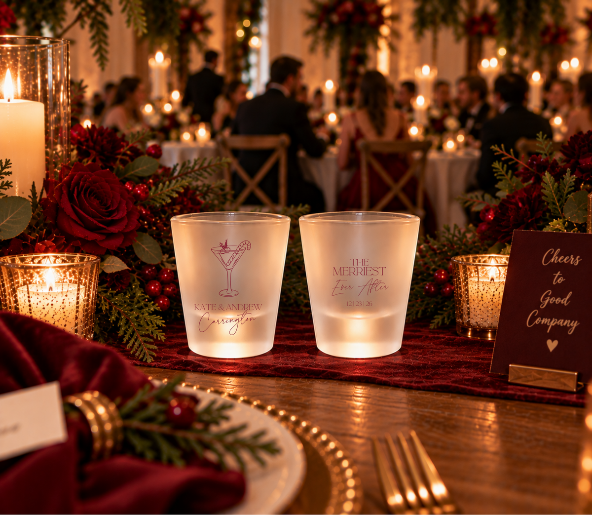 Personalized holiday wedding shot glasses featuring a Christmas cocktail and Merriest Ever After design.