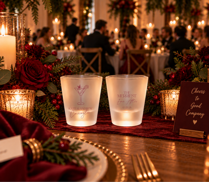 Personalized holiday wedding shot glasses featuring a Christmas cocktail and Merriest Ever After design.