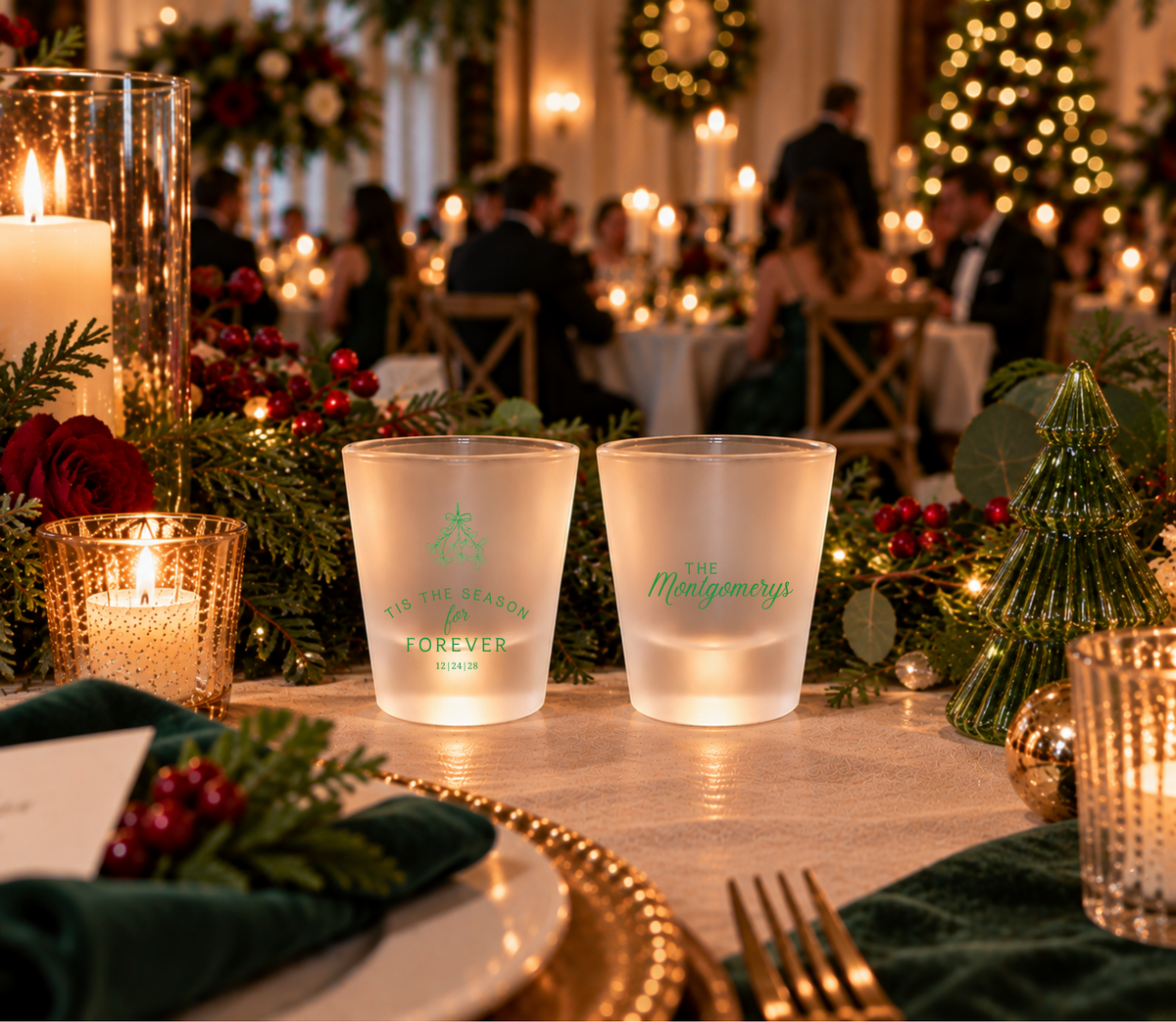 Personalized holiday wedding shot glasses featuring mistletoe artwork and Tis The Season for Forever wording.