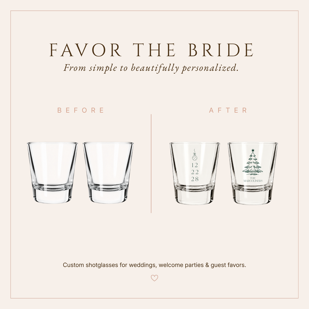 Personalized winter wedding glass favors featuring a Christmas tree and holiday ornament.