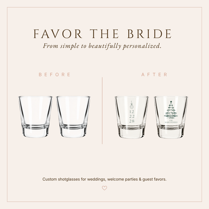 Personalized winter wedding glass favors featuring a Christmas tree and holiday ornament.