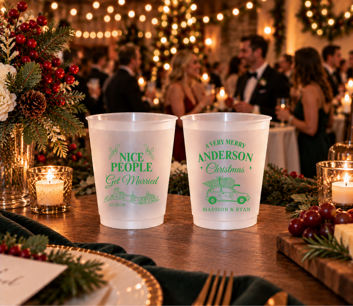 Holiday wedding drink cups featuring Christmas car design and custom wedding details.
