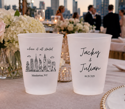 Personalized city wedding frosted cups with skyline artwork and custom names