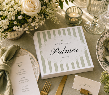 Personalized sage green and white wedding cocktail napkins with elegant script design for garden weddings and bridal showers
