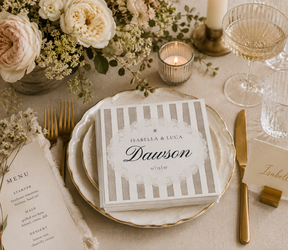 Custom striped wedding napkins with personalized couple names and wedding date for reception tables