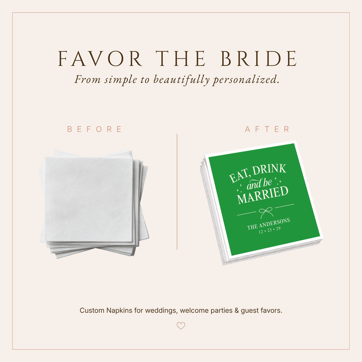 Personalized Christmas wedding table napkins featuring Eat Drink And Be Married phrase and festive details.