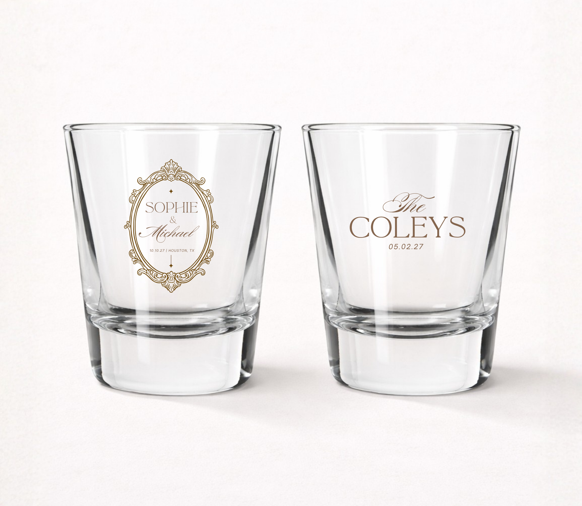Personalized elegant wedding shot glasses featuring a vintage ornate frame, custom couple names, family name, and wedding date.