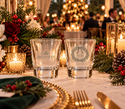 Elegant custom wedding shot glasses featuring a bow wreath, monogram, and wedding date.