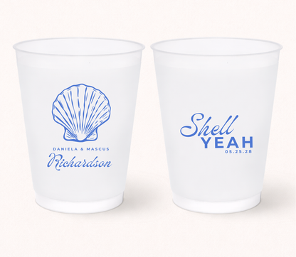 Beach wedding frosted cups with seashell design
Coastal wedding favor cups
Personalized seashell wedding cups
Destination wedding drinkware
Ocean themed wedding frosted cups
Custom beach wedding cups with names and date