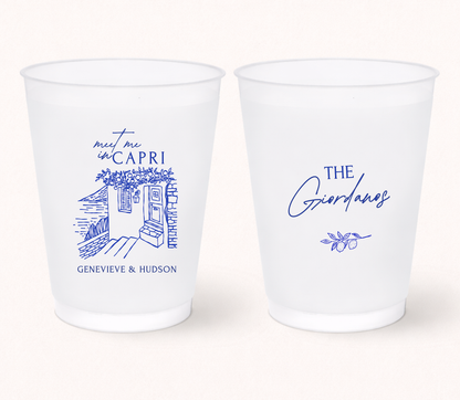 Personalized Capri wedding frosted cups featuring Italian coastal villa artwork, custom couple names, and family name design