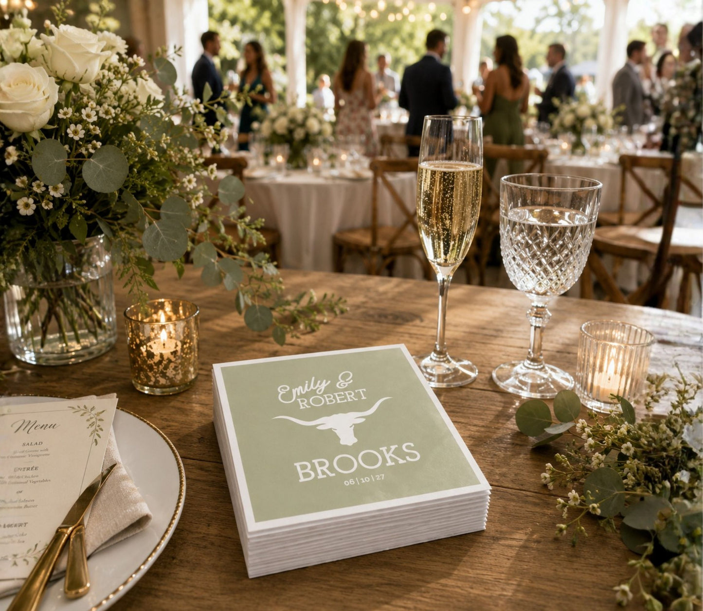 Country wedding paper napkin featuring western typography, wedding date, and longhorn illustration.
Premium western wedding table napkin with custom names and rustic longhorn design.