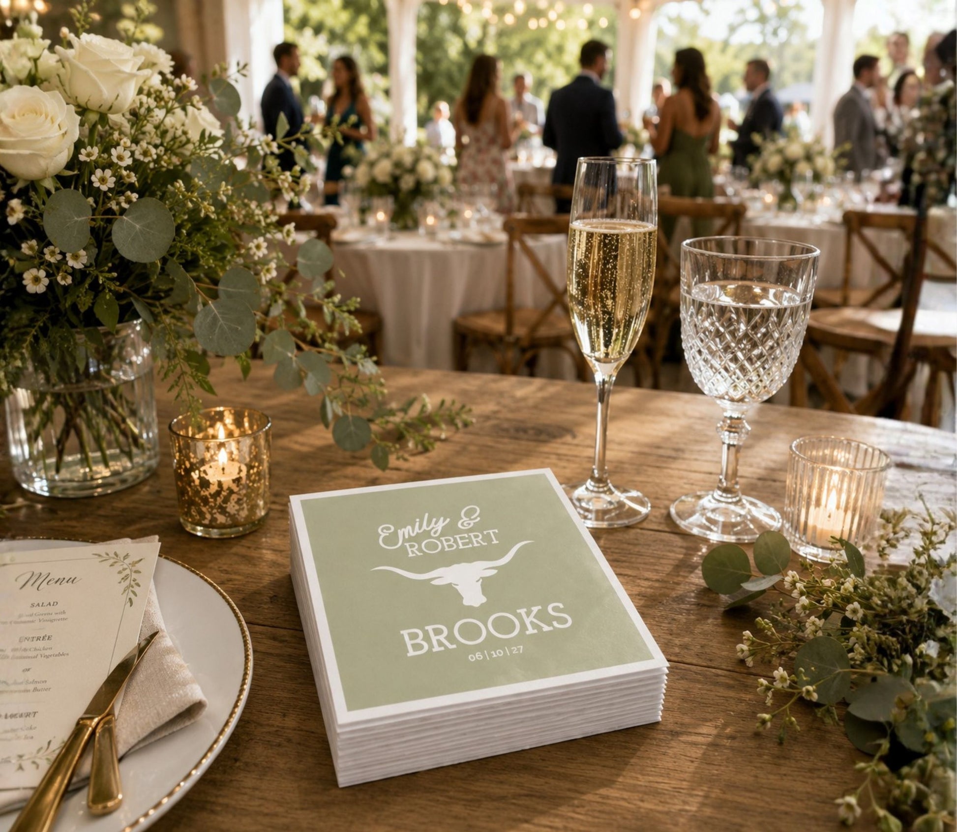 Country wedding paper napkin featuring western typography, wedding date, and longhorn illustration.
Premium western wedding table napkin with custom names and rustic longhorn design.