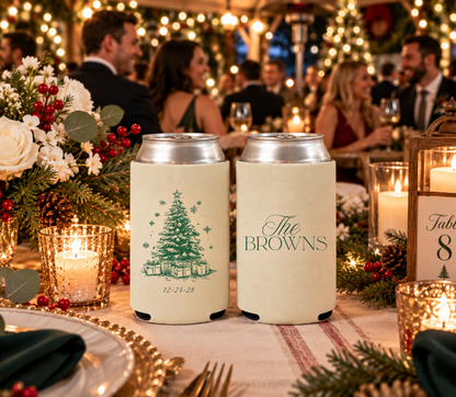 Personalized winter wedding can coolers featuring green holiday artwork, wedding date, and family name.