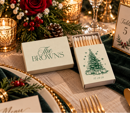 Custom Christmas wedding matchboxes featuring a detailed Christmas tree, snowflakes, gifts, and wedding date.