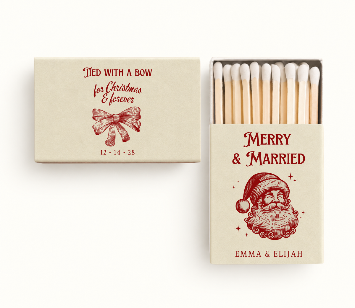 Personalized cream Christmas wedding matchboxes featuring red vintage Santa artwork, holiday bow illustration, couple names, and wedding date.