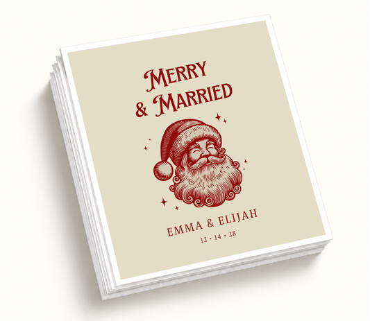 Personalized Merry & Married Christmas wedding napkins featuring vintage Santa illustration, cream background, red holiday artwork, custom couple names, and wedding date.