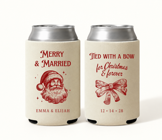 Personalized cream Merry & Married Christmas wedding can coolers featuring red vintage Santa artwork, Emma and Elijah names, Christmas bow, and wedding date 12.14.28.