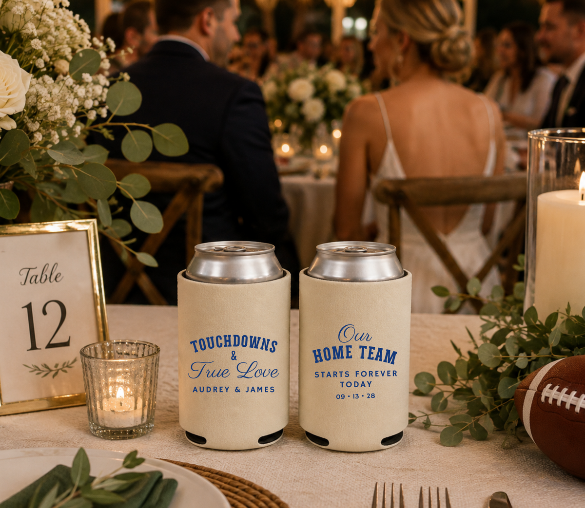 Personalized sports wedding can coolers featuring “Our Home Team Starts Forever Today” and custom wedding details.