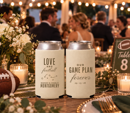 Personalized sports wedding can coolers featuring “Our Game Plan Forever” wording and custom wedding details.