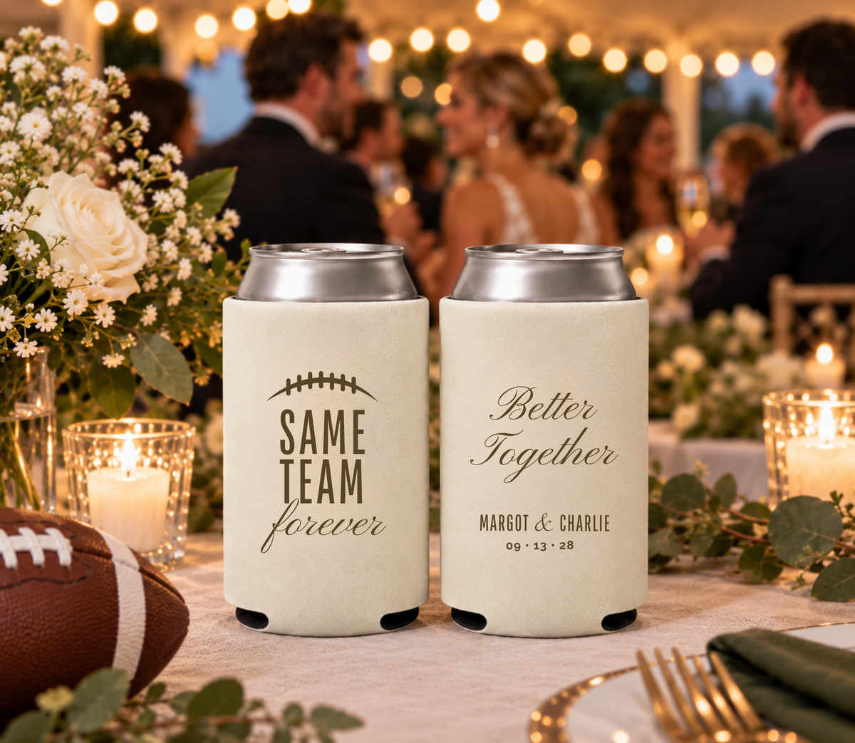 Personalized sports wedding can coolers featuring Better Together wording, football detail, and wedding date.