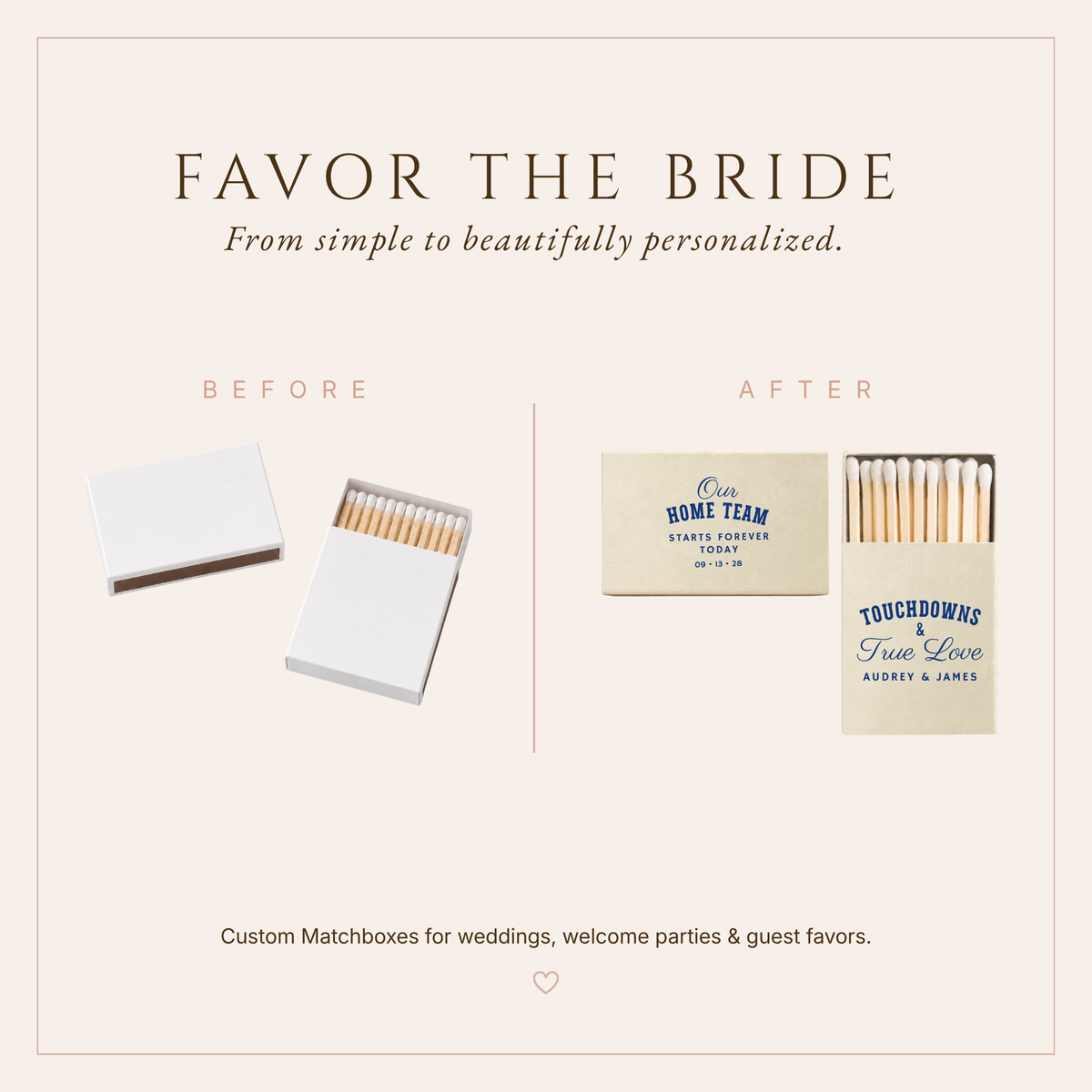 Custom sports wedding matchboxes featuring Touchdowns & True Love wording, personalized couple names, and blue football-inspired typography.