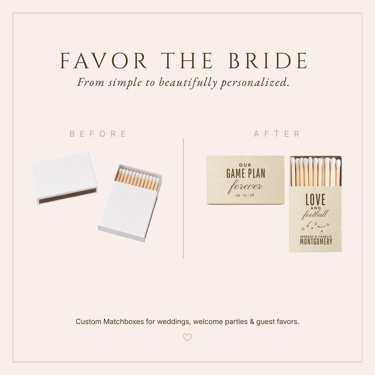 Custom Love and Football wedding matchboxes featuring football play diagram artwork and personalized couple names.
