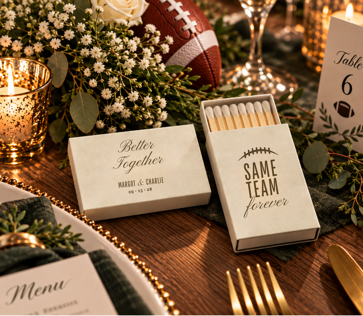 Custom sports wedding matchboxes featuring Same Team Forever wording, football lacing artwork, and wedding date.