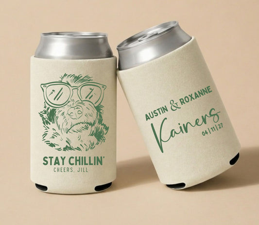 Cream personalized wedding can coolers featuring a custom dog portrait wearing sunglasses, "Stay Chillin' Cheers Jill" artwork, Austin and Roxanne Kainers wedding personalization, and wedding date.