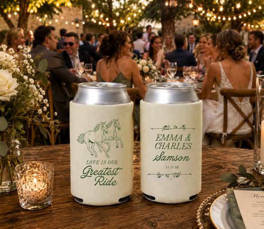 
Personalized ranch wedding can cooler featuring horse artwork and custom wedding details.