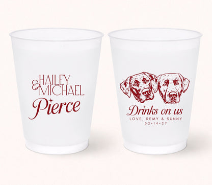 Custom two dog wedding frosted cups
Personalized pet portrait party cups
Dog lover wedding drink cups
Drinks on us custom wedding cups