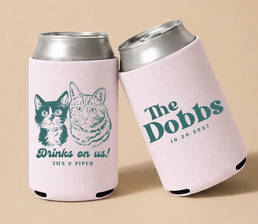 Custom cat wedding can cooler with pet portrait
Personalized cat illustration wedding favor
Custom pet can cooler cat design
Cat lover wedding drink holder